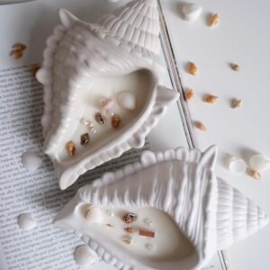 dekoracyjna świeca sojowa muszelka w gipsie polimerowym z muszelkami